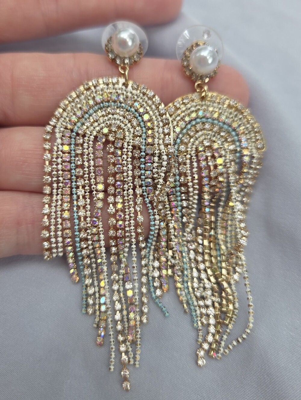 Swarovski Gold, Silver & Pearl Chandelier Cascading Earrings